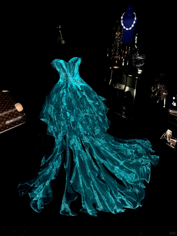 Vintage A Line Sweetheart Neck Blue Ruffle Beaded Organza Prom Dress Party Dress HZ1023